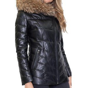 Ladies Black Real Leather Top Hooded Mid_Length Down Puffer Jacket  Lambskin